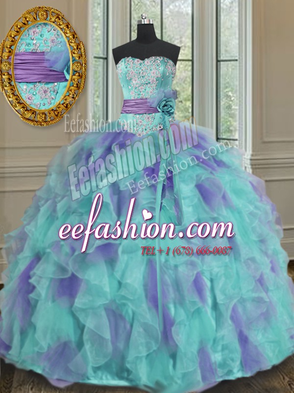  Multi-color Organza Lace Up Sweetheart Sleeveless Floor Length Sweet 16 Quinceanera Dress Beading and Appliques and Ruffles and Sashes ribbons and Hand Made Flower