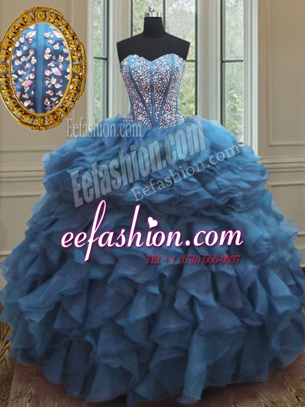Designer Teal Lace Up Sweet 16 Quinceanera Dress Beading and Ruffles Sleeveless Floor Length