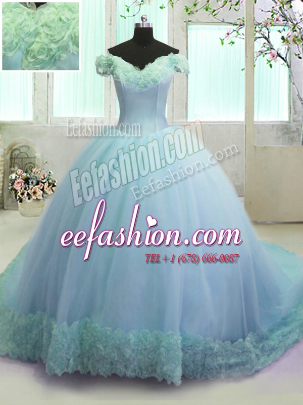  Off the Shoulder Sleeveless Organza With Train Court Train Lace Up Sweet 16 Quinceanera Dress in Light Blue with Hand Made Flower