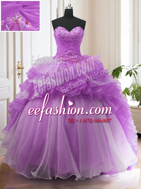 Enchanting Purple Ball Gowns Sweetheart Sleeveless Organza Sweep Train Lace Up Beading and Ruffled Layers Vestidos de Quinceanera