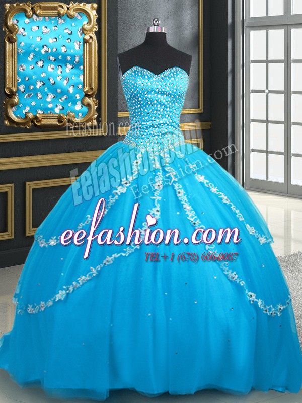 Beautiful Baby Blue Ball Gowns Tulle Sweetheart Sleeveless Beading and Appliques With Train Lace Up Vestidos de Quinceanera Brush Train