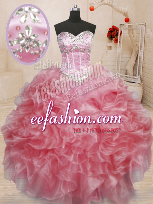 Delicate Baby Pink Organza Lace Up Sweetheart Sleeveless Floor Length Quinceanera Gowns Beading
