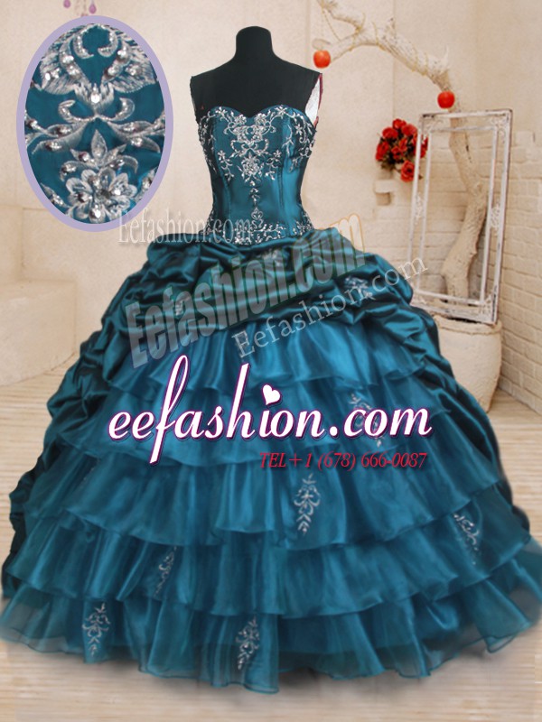  Sleeveless Organza and Taffeta With Train Sweep Train Lace Up 15 Quinceanera Dress in Teal with Beading and Appliques and Ruffled Layers and Pick Ups