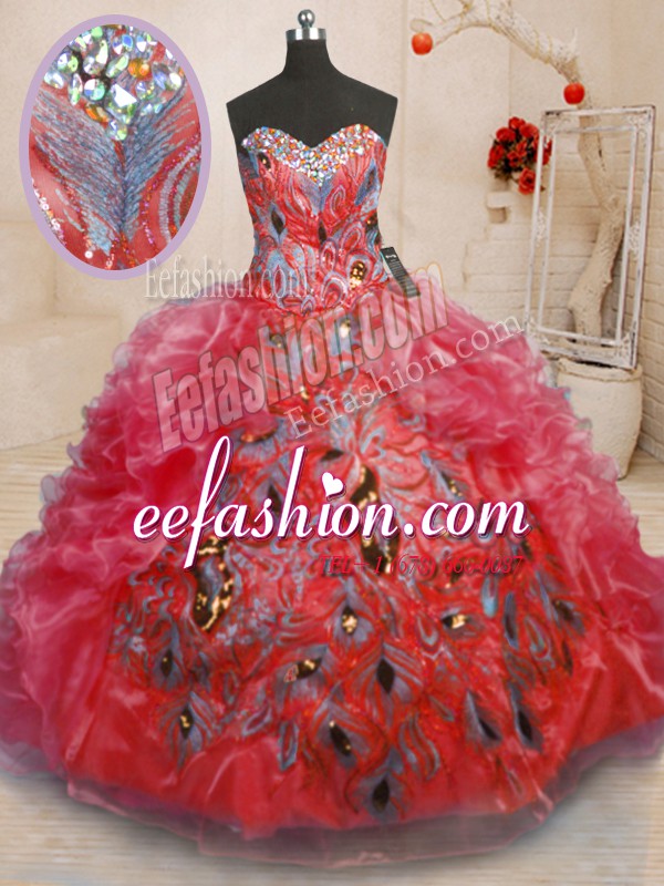 Excellent Red Sweetheart Neckline Beading and Appliques and Ruffles Quinceanera Dress Sleeveless Zipper