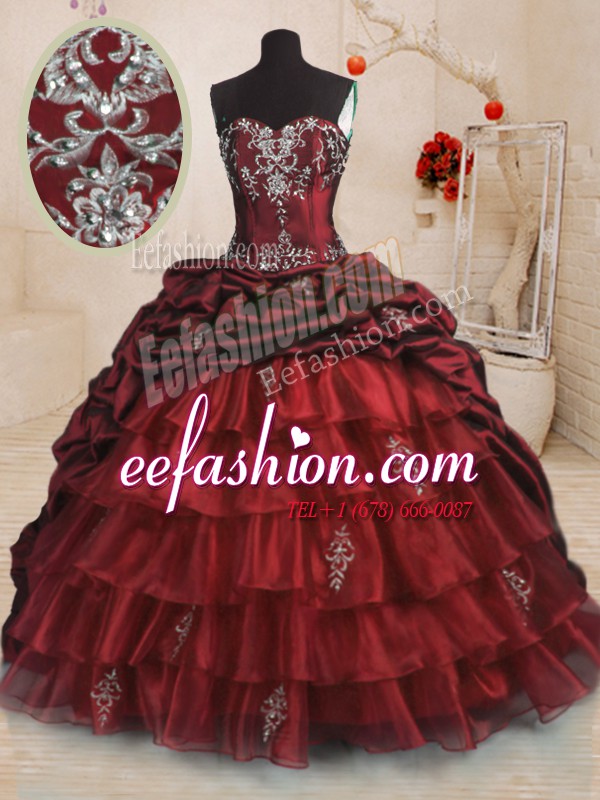  Pick Ups Ruffled Sweep Train Ball Gowns Quinceanera Dresses Wine Red Sweetheart Organza and Taffeta Sleeveless With Train Lace Up