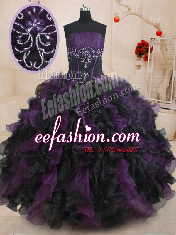  Black And Purple Ball Gowns Strapless Sleeveless Organza Floor Length Lace Up Beading and Ruffles Sweet 16 Dress