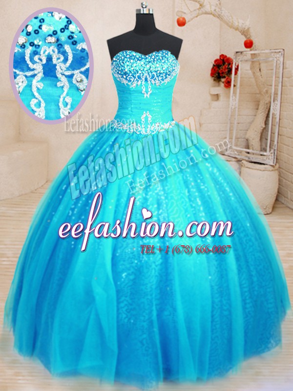 Wonderful Baby Blue Ball Gowns Tulle and Sequined Sweetheart Sleeveless Beading and Appliques Floor Length Lace Up Sweet 16 Dresses