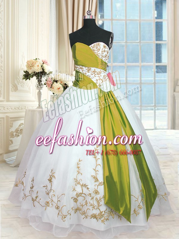 Glamorous White Sleeveless Floor Length Embroidery and Sashes ribbons Lace Up Quinceanera Gown