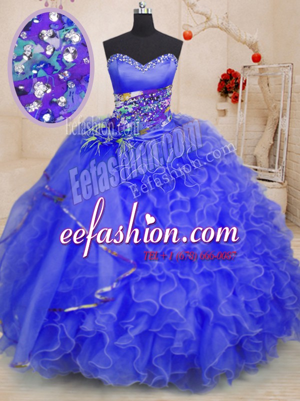  Royal Blue Sleeveless Floor Length Beading and Ruffles Lace Up Sweet 16 Quinceanera Dress