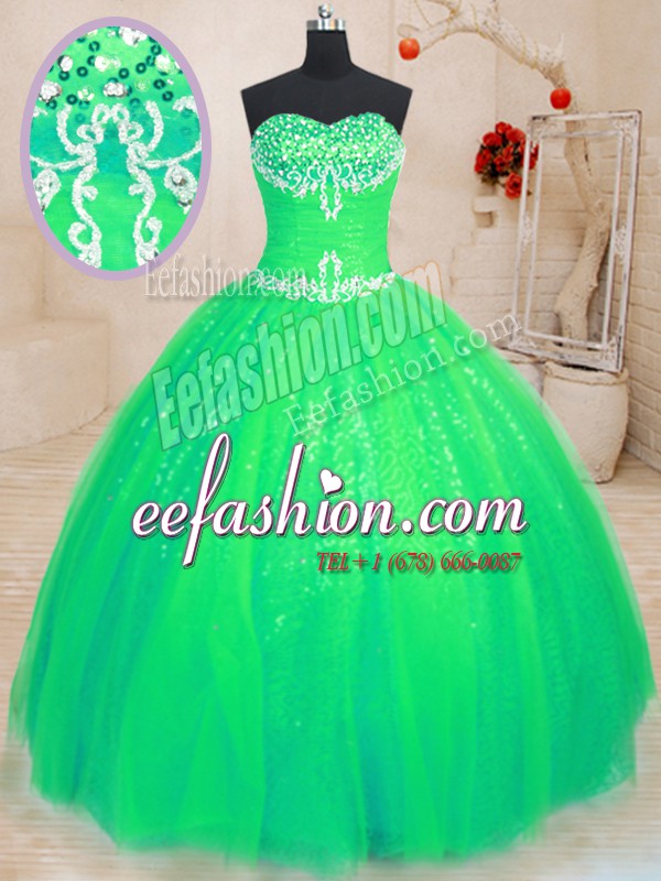 Comfortable Green Sleeveless Tulle and Sequined Lace Up Sweet 16 Dresses for Military Ball and Sweet 16 and Quinceanera