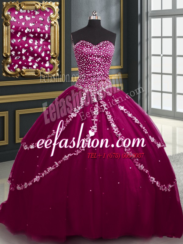 High Class Burgundy and Fuchsia Sweetheart Lace Up Beading and Appliques Sweet 16 Dress Brush Train Sleeveless