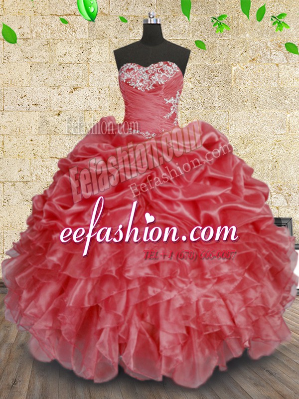  Ball Gowns Sweet 16 Quinceanera Dress Coral Red Sweetheart Organza Sleeveless Floor Length Lace Up