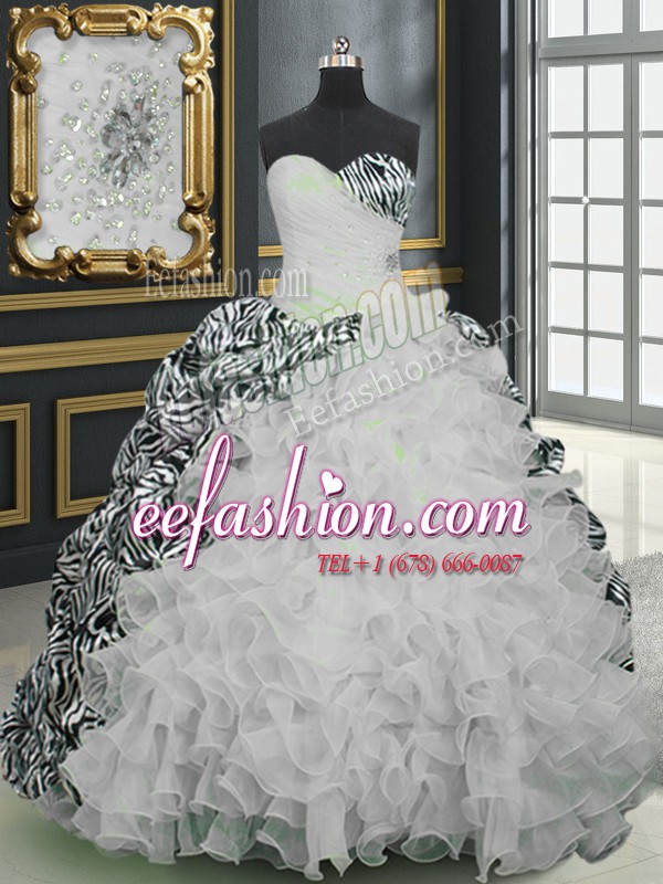Decent Sweetheart Sleeveless Organza and Printed Quinceanera Gowns Beading and Ruffles and Pattern Brush Train Lace Up