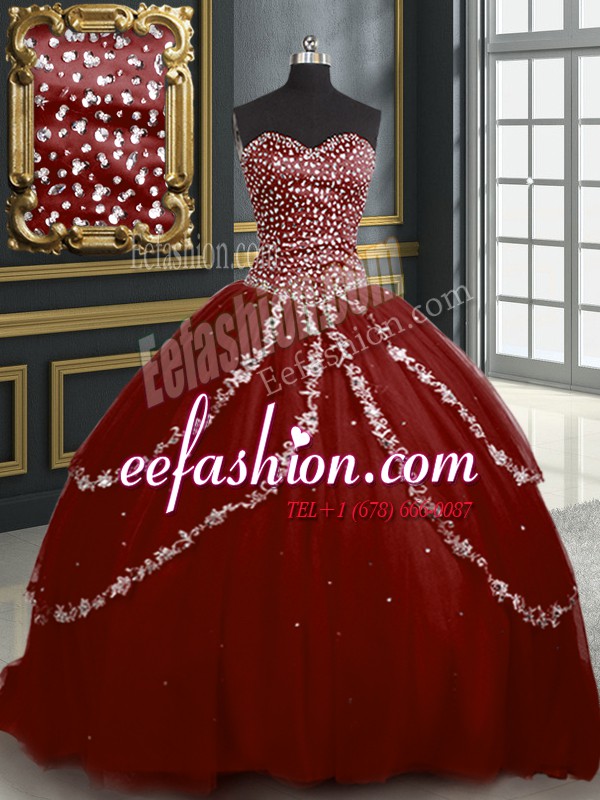  Sleeveless Tulle With Brush Train Lace Up Sweet 16 Dress in Burgundy with Beading and Appliques