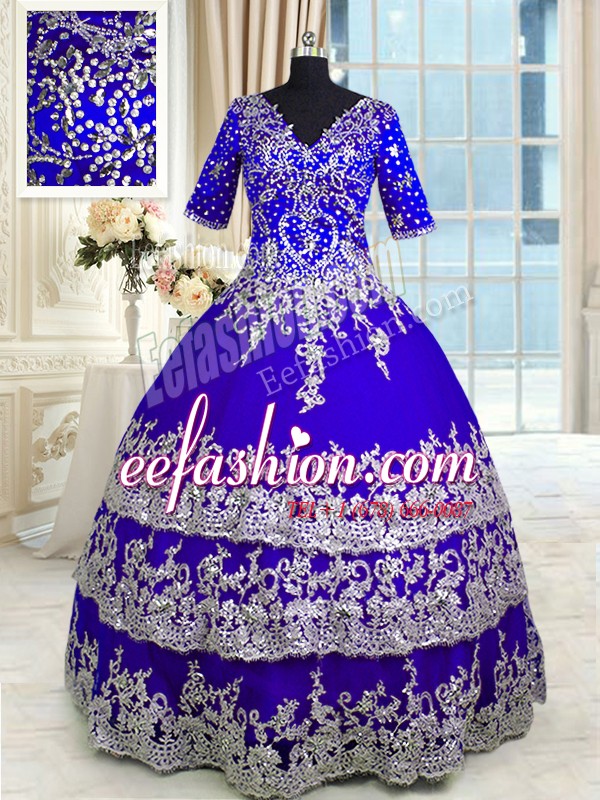 Suitable Blue Half Sleeves Appliques and Ruffled Layers Floor Length Sweet 16 Dresses