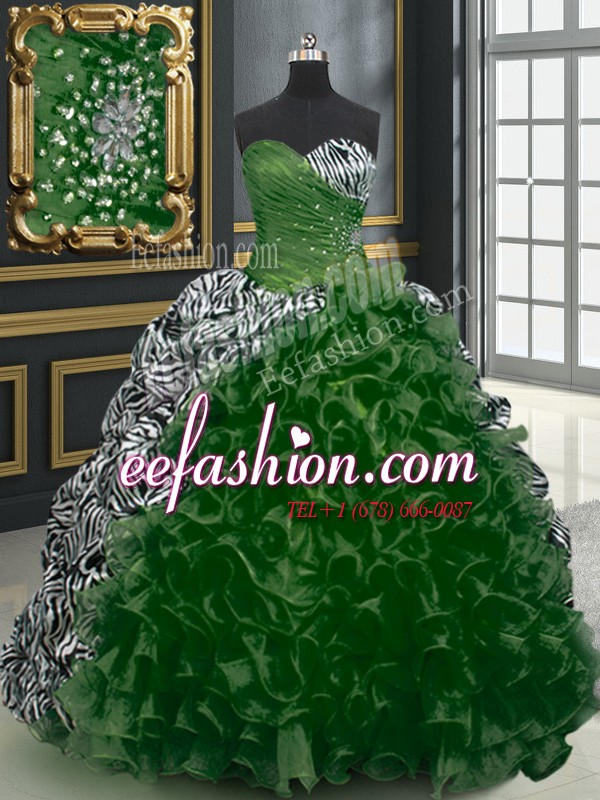  Dark Green Ball Gowns Sweetheart Sleeveless Organza and Printed With Brush Train Lace Up Beading and Ruffles and Pattern Quinceanera Dress