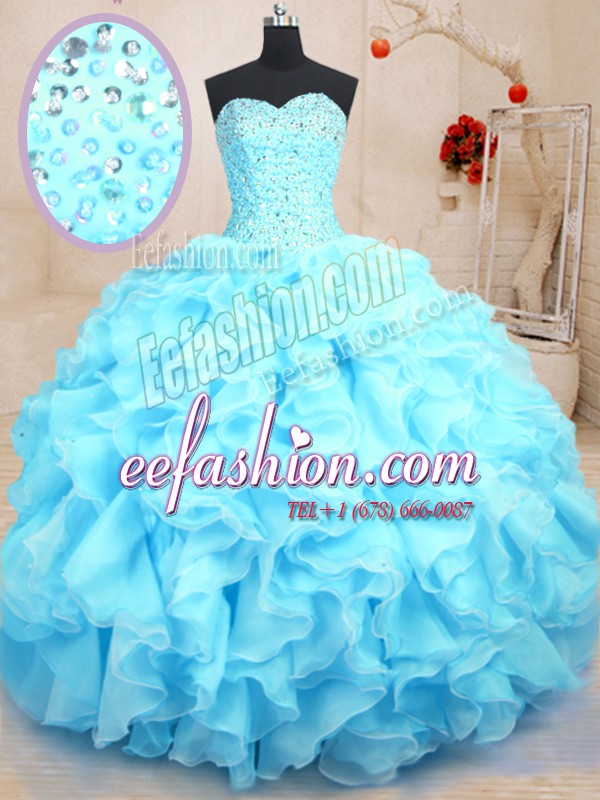 Super Baby Blue Ball Gowns Sweetheart Sleeveless Organza Floor Length Lace Up Beading and Ruffles Vestidos de Quinceanera