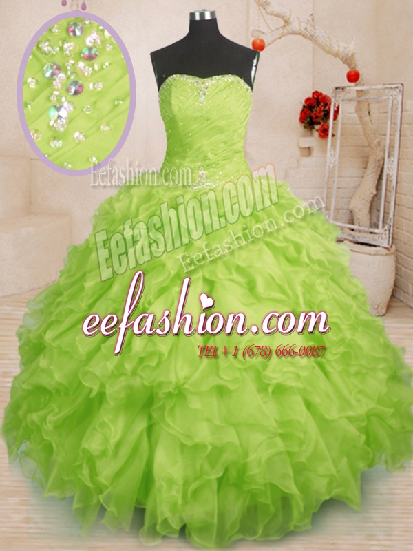 Fitting Yellow Green Sleeveless Beading and Ruffles and Ruching Floor Length 15 Quinceanera Dress