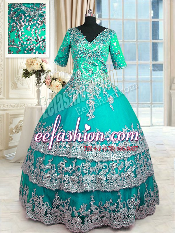  Half Sleeves Beading and Lace and Appliques and Ruffled Layers Zipper Ball Gown Prom Dress