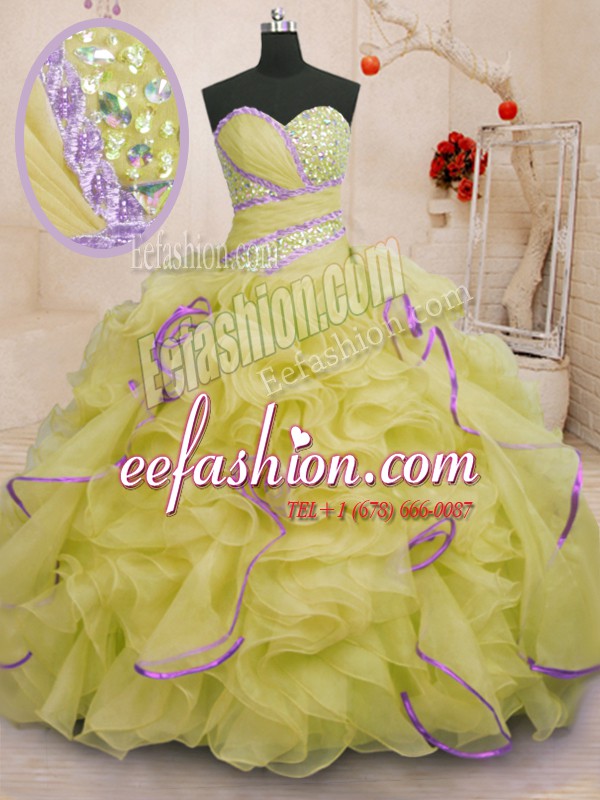 Ideal Sleeveless With Train Beading and Ruffles Lace Up Quinceanera Gowns with Yellow Brush Train