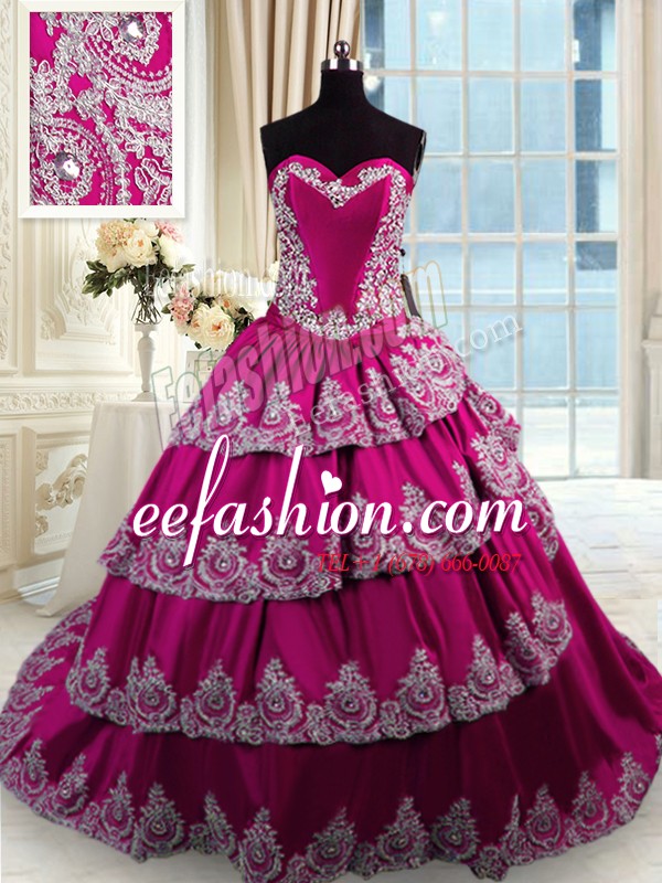 Sophisticated Taffeta Sweetheart Sleeveless Court Train Lace Up Beading and Appliques and Embroidery and Ruffled Layers Quinceanera Dress in Fuchsia