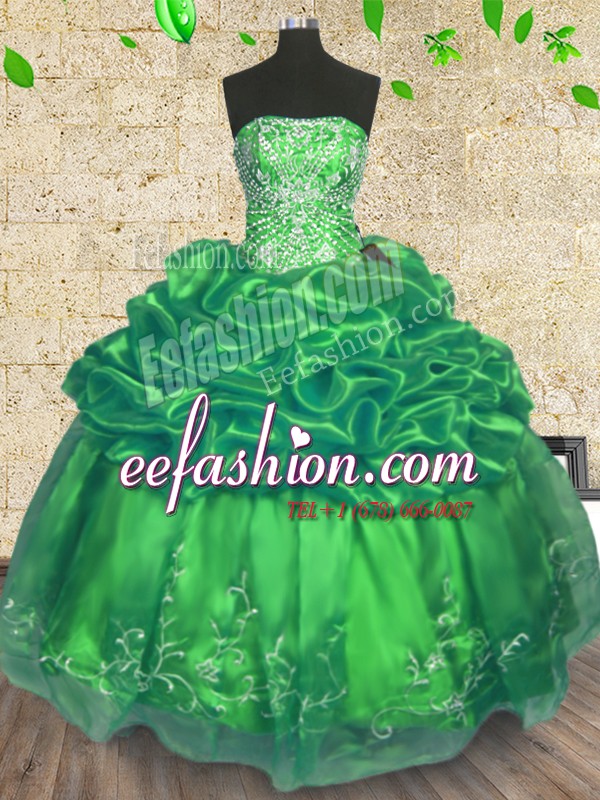  Organza Strapless Sleeveless Lace Up Beading and Embroidery Sweet 16 Dress in Green