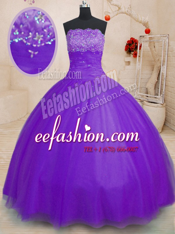  Beading Quinceanera Dress Purple Lace Up Sleeveless Floor Length