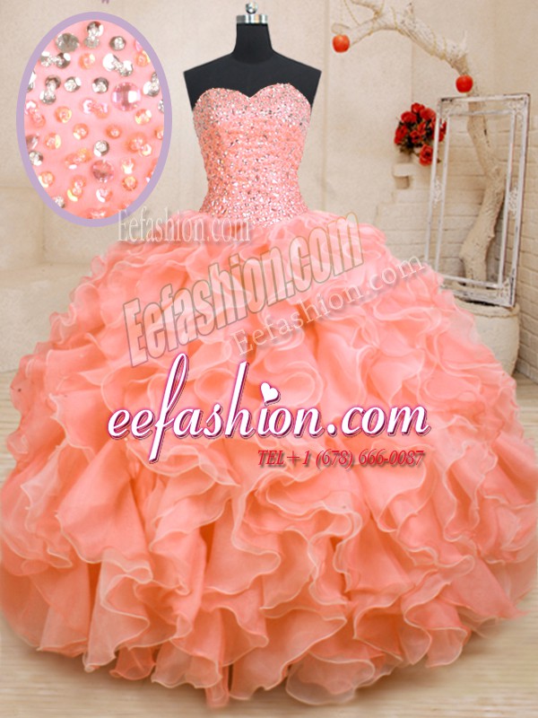  Floor Length Lace Up 15 Quinceanera Dress Pink for Military Ball and Sweet 16 and Quinceanera with Beading and Ruffles