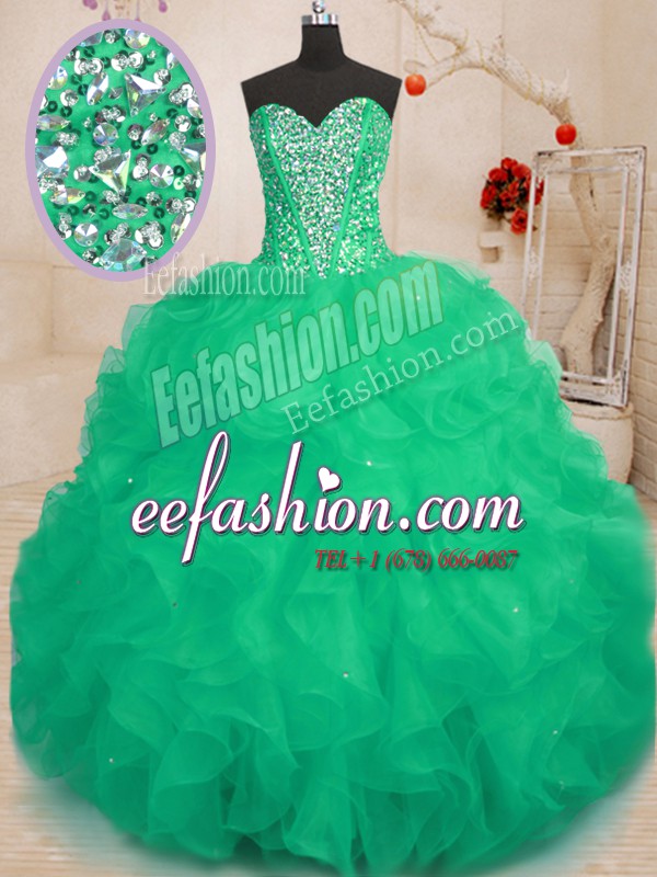  Green Ball Gowns Sweetheart Sleeveless Organza Floor Length Lace Up Beading and Ruffles Ball Gown Prom Dress
