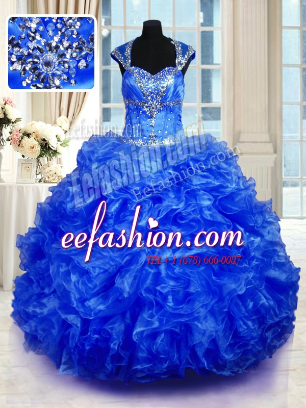  Royal Blue Cap Sleeves Beading and Ruffles Floor Length Quinceanera Dress