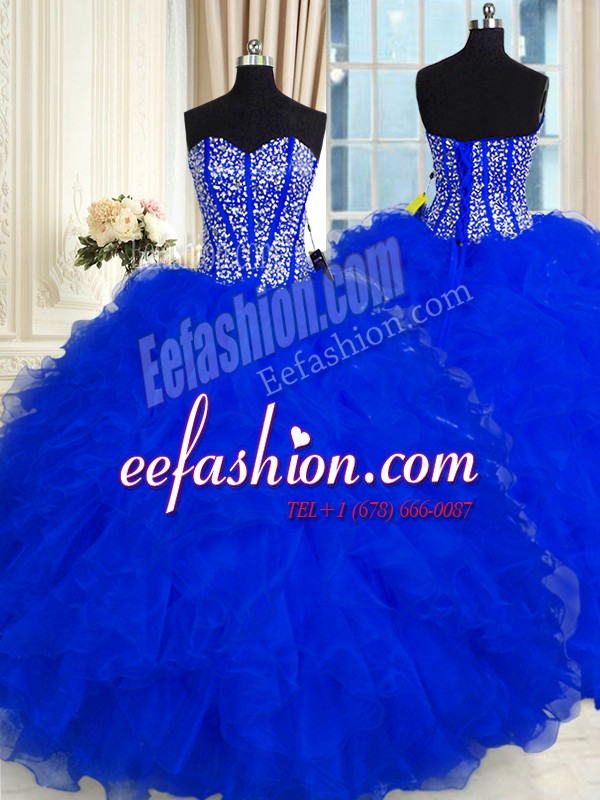 Custom Fit Floor Length Royal Blue Quinceanera Gowns Organza Sleeveless Beading and Ruffles