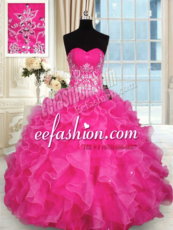 Attractive Hot Pink Lace Up Sweetheart Beading and Appliques and Ruffles Sweet 16 Dress Organza Sleeveless