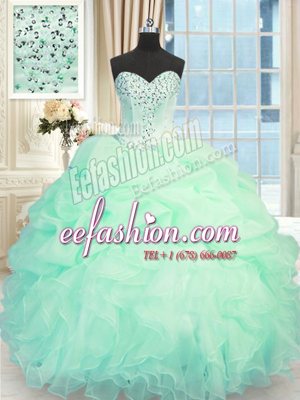  Apple Green Ball Gowns Sweetheart Sleeveless Organza Floor Length Lace Up Beading and Ruffles 15 Quinceanera Dress