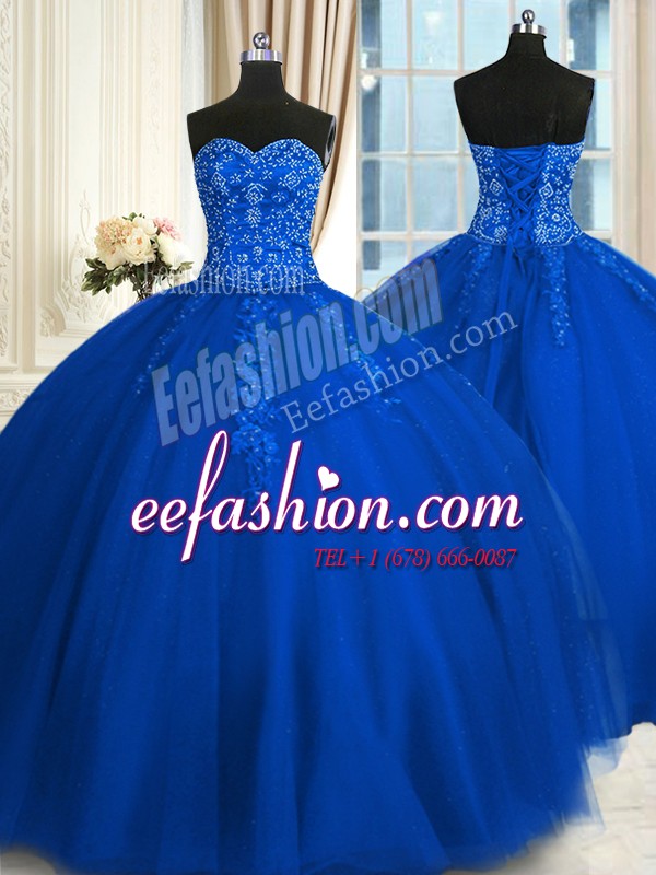  Blue Sweet 16 Quinceanera Dress Military Ball and Sweet 16 and Quinceanera and For with Appliques and Embroidery Sweetheart Sleeveless Lace Up