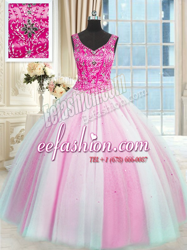 Floor Length Ball Gowns Sleeveless Baby Pink and Pink And White 15th Birthday Dress Lace Up