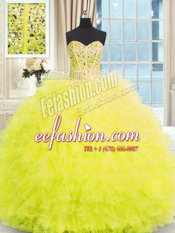 High Quality Light Yellow Tulle Lace Up Strapless Sleeveless Floor Length Quince Ball Gowns Beading and Ruffles