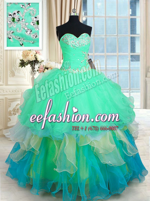 Multi-color Sweetheart Lace Up Beading and Ruffles Ball Gown Prom Dress Sleeveless