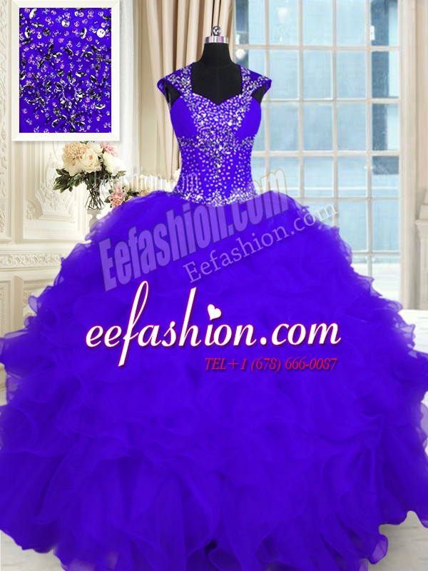 Gorgeous Purple Straps Neckline Beading and Ruffles Quinceanera Dresses Cap Sleeves Lace Up