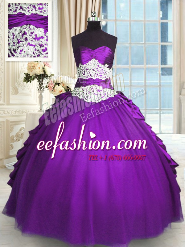 Custom Designed Purple Ball Gowns Beading and Lace and Ruching and Pick Ups Sweet 16 Dresses Lace Up Taffeta Sleeveless Floor Length