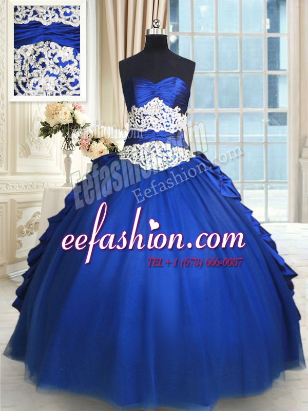  Royal Blue Sleeveless Floor Length Beading and Lace and Appliques and Ruffles and Pick Ups Lace Up Ball Gown Prom Dress