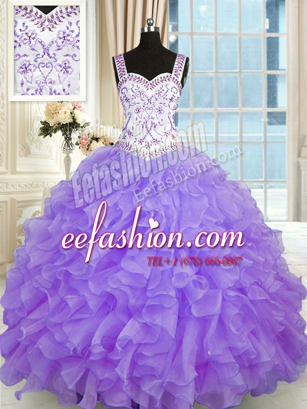 Admirable Lavender Lace Up Sweetheart Beading and Appliques and Ruffles Sweet 16 Quinceanera Dress Organza Sleeveless