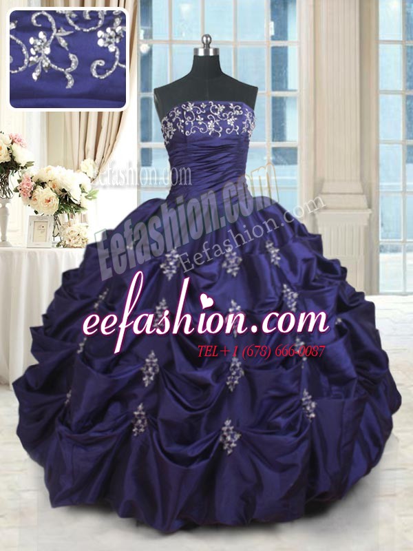 Modest Dark Purple Quinceanera Gown Military Ball and Sweet 16 and Quinceanera and For with Beading and Appliques and Embroidery and Pick Ups Strapless Sleeveless Lace Up