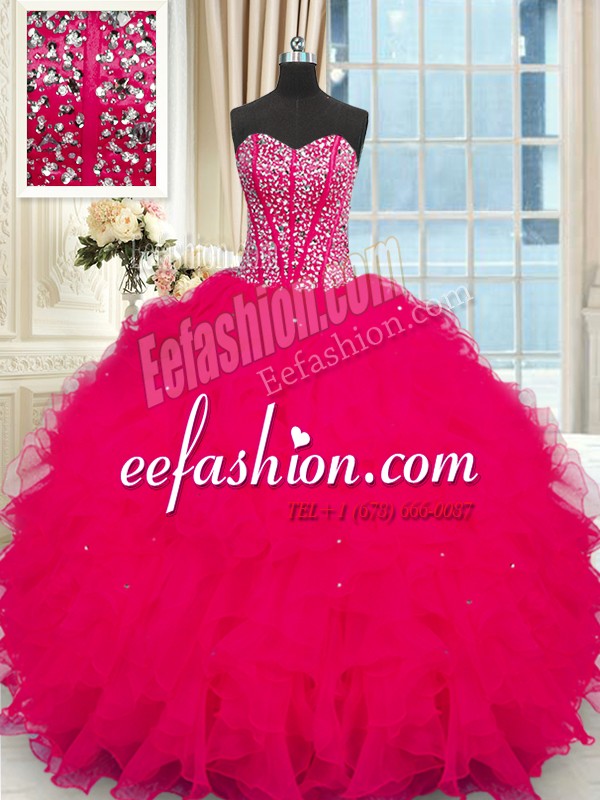 Decent Sleeveless Floor Length Beading and Ruffles Lace Up Sweet 16 Dress with Coral Red