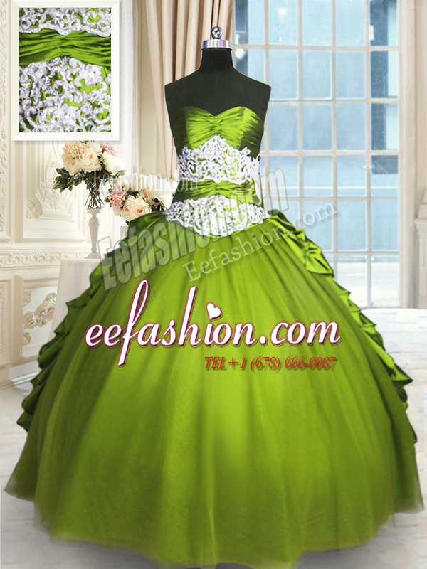  Olive Green Ball Gowns Taffeta and Tulle Sweetheart Sleeveless Beading and Lace and Appliques and Ruching Floor Length Lace Up 15 Quinceanera Dress