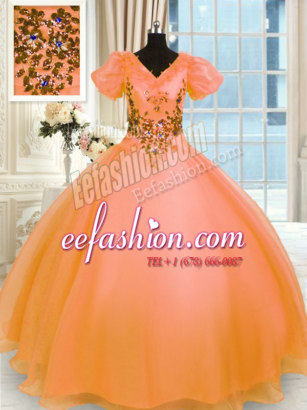 Orange Short Sleeves Organza Lace Up Ball Gown Prom Dress for Military Ball and Sweet 16 and Quinceanera