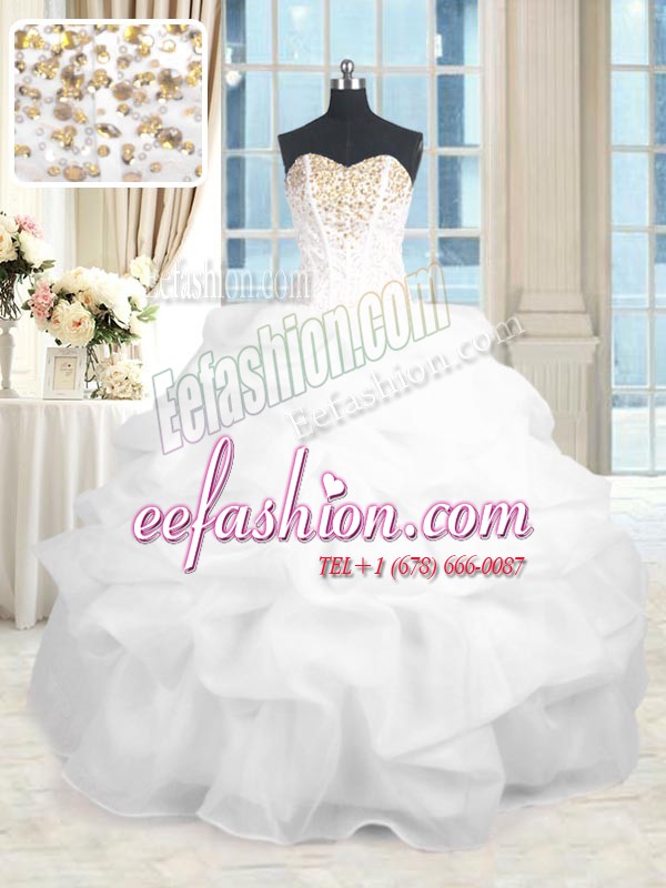  White Sleeveless Floor Length Beading and Ruffles Lace Up Sweet 16 Dresses