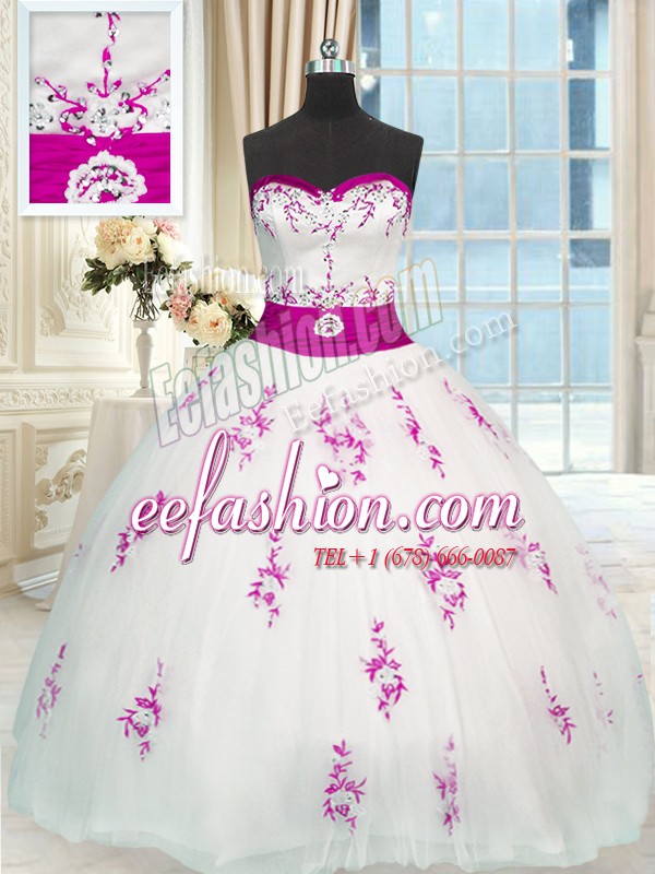 Custom Design White Sweet 16 Quinceanera Dress Military Ball and Sweet 16 and Quinceanera and For with Appliques and Belt Sweetheart Sleeveless Lace Up