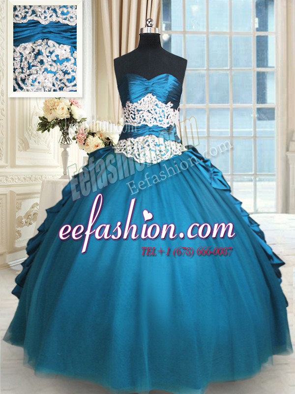Cheap Taffeta and Tulle Sweetheart Sleeveless Lace Up Beading and Lace and Appliques and Ruching 15th Birthday Dress in Teal