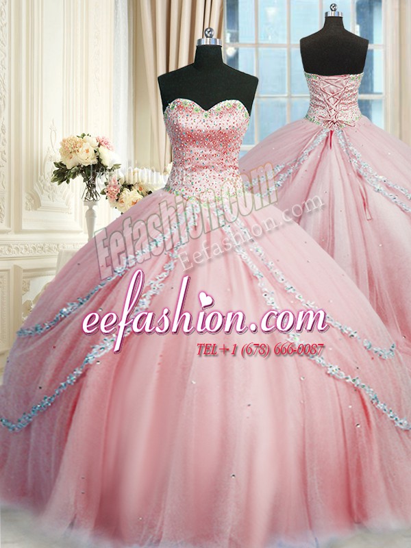 Sweetheart Sleeveless Court Train Lace Up Ball Gown Prom Dress Pink Tulle