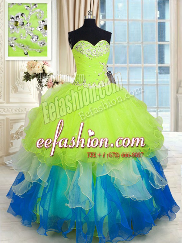 Simple Multi-color Sweetheart Neckline Beading and Ruffles Quinceanera Gown Sleeveless Lace Up